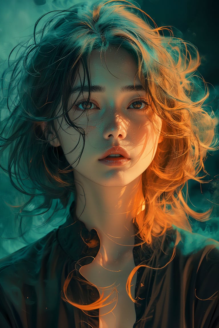 Softbox illuminates the Eurasian woman's face, as swirling teal and orange smoke envelops her in a dreamlike aura. her eyes stared flirtatiously at the camera, her mouth is slightly open, finger on lower lip. The studio setting provides a crisp, bold-colored background, contrasting with the ethereal mist. Her features are highlighted by the gentle light, while the mystical fog creates an otherworldly atmosphere., relief, art deco,  Anime Style