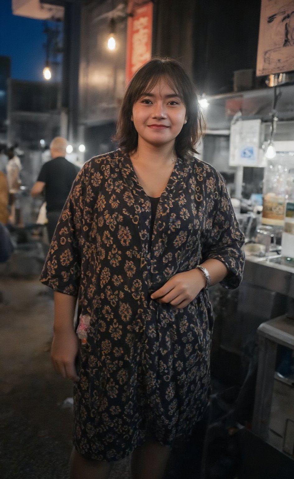 Fat girl at a traditional market in the morning, Hasselblad H6D-400c MS, low exposure, high contrast, ISO 200, with a 150mm telephoto lens.,freya_jkt48