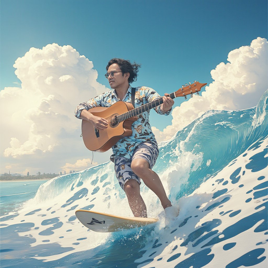 a man surfing with a guitar above the clouds,gauz,Anime Style