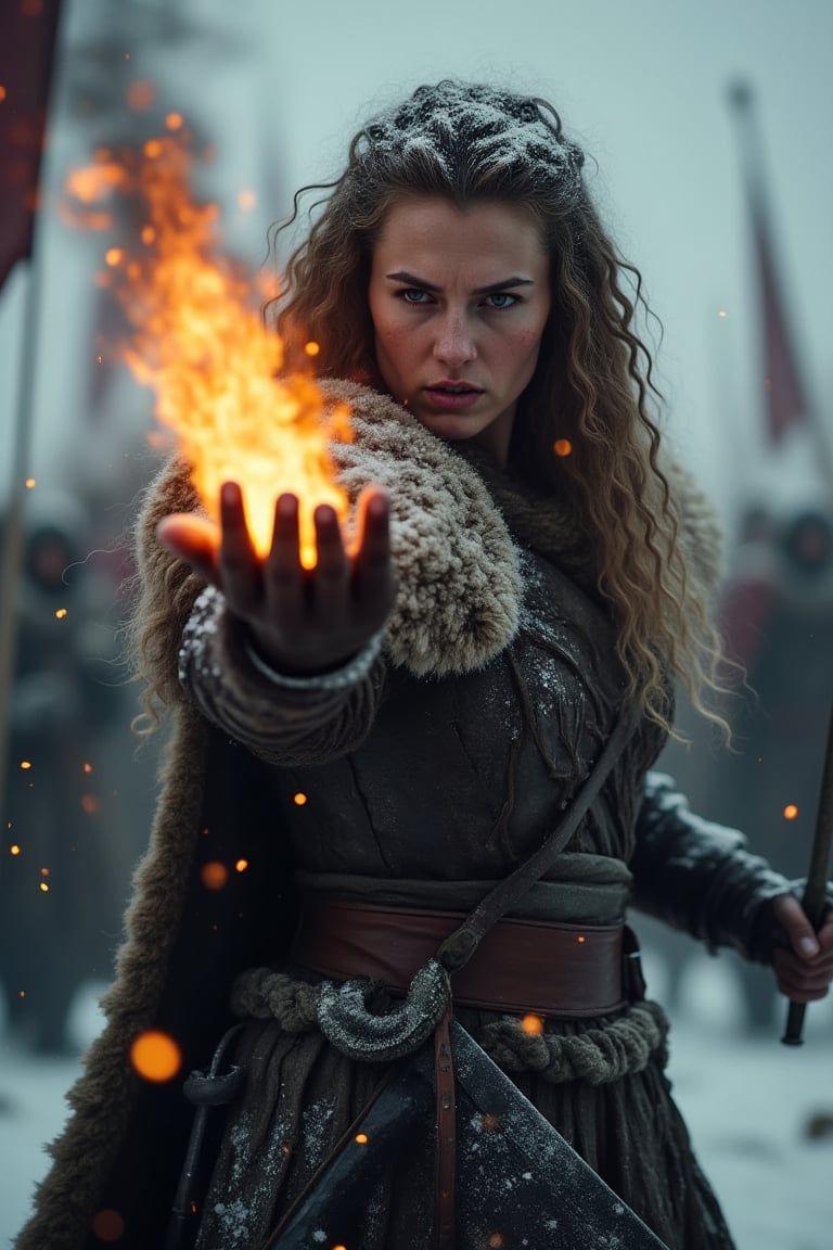 intensely focused Viking woman warrior with curly hair hurling a burning meteorite from her hand towards the viewer, the glowing sphere leaves the woman's body getting closer to the viewer leaving a trail of smoke and sparks, intense battlegrounds in snowy conditions, army banners, swords and shields on the ground