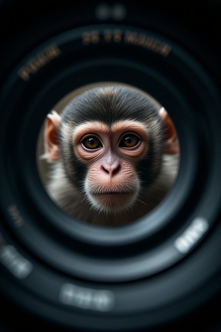 a macro view of a camera's shutter barely open it's blades gently apart reveal a monkey peaking from the other side of the camera lens