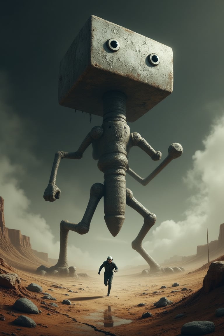 A surreal scene unfolds as a colossal anthropomorphic hammer with exaggerated proportions, legs and evil eyes, barrels down a desolate landscape in pursuit of a human-nail figure. The flat headed nail figure, with a gleaming, tapered body and rounded head, sprints frantically, its reflection glinting off the hammer's polished surface. The ground beneath them cracks and splinters under the hammer's weight, while the sky darkens, adding to the tension. The scene is charged with urgency, the hammer embodying unstoppable force, as the human-nail figure flees in a desperate race for survival