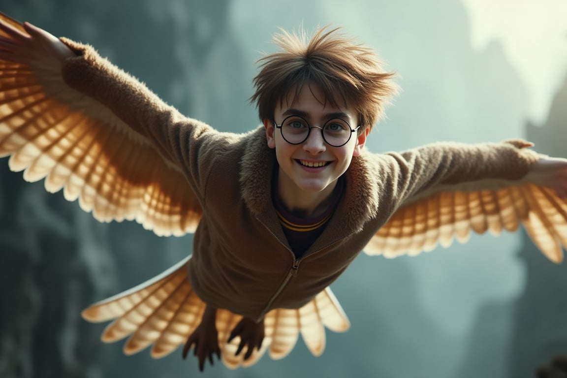 Harry Potter flying in the air like an owl with his wings spread, wearing his glasses and scar, hair blown by the wind