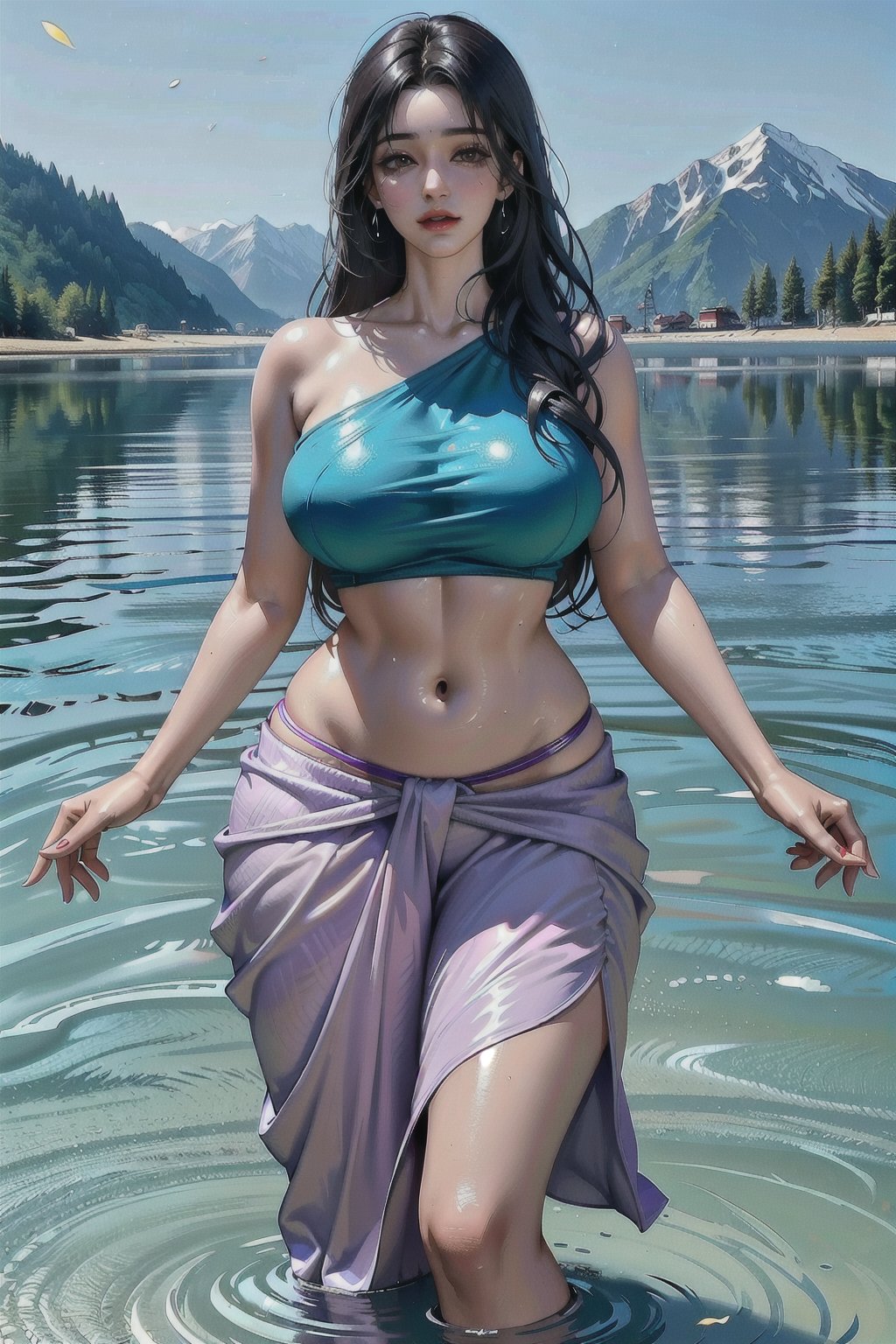 A woman with long, dark hair wearing a teal and purple saree standing in shallow water against a mountainous backdrop, with a relaxed yet stylish appearance.