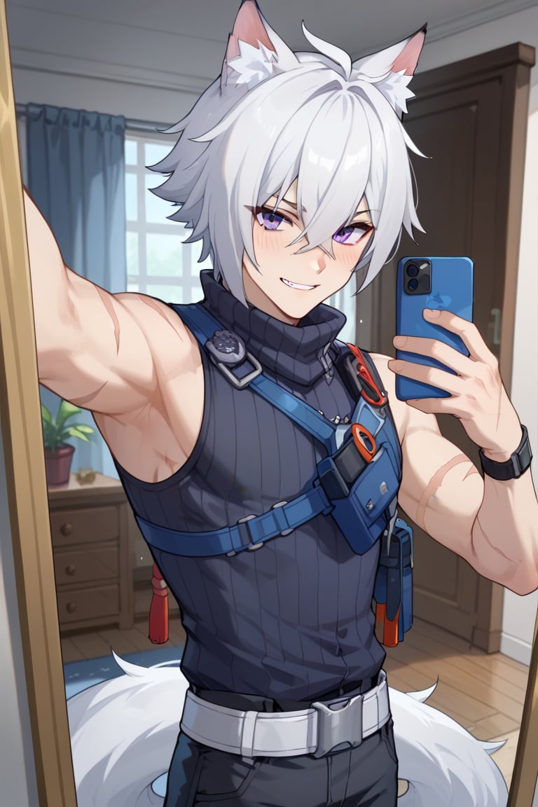 score_9,score_8_up,score_7_up,score_6_up,score_5_up,score_4_up, source_anime,high res image,  BREAK,Seth_Lowell, white hair,hair between eyes,wolf ears,long tail,purple eyes,sleeveless, belt, black pants, BREAK, 1boy, uncencored, solo, focus male, looking_at_viewer, dynamic pose ,blush, armpit,scars, smile, BREAK, indoors, contrast, upper body view, BREAK ,mirror, mirror selfie , holding phone, blue phone, side view, 