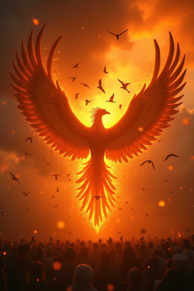 A majestic shot captures the awe-inspiring moment as a flock of thousands of birds soar towards the mystical Phoenix, shrouded in an aura of fiery flames. The viewer's gaze is drawn to the silhouette of the Phoenix's shape, partially obscured by the radiant inferno, its true form hidden from view. Against a backdrop of darkened skies, the intense warmth and light of the flames illuminate the surrounding landscape, as the birds' wings beat fiercely in unison, their formation a mesmerizing blur of feathers and motion.