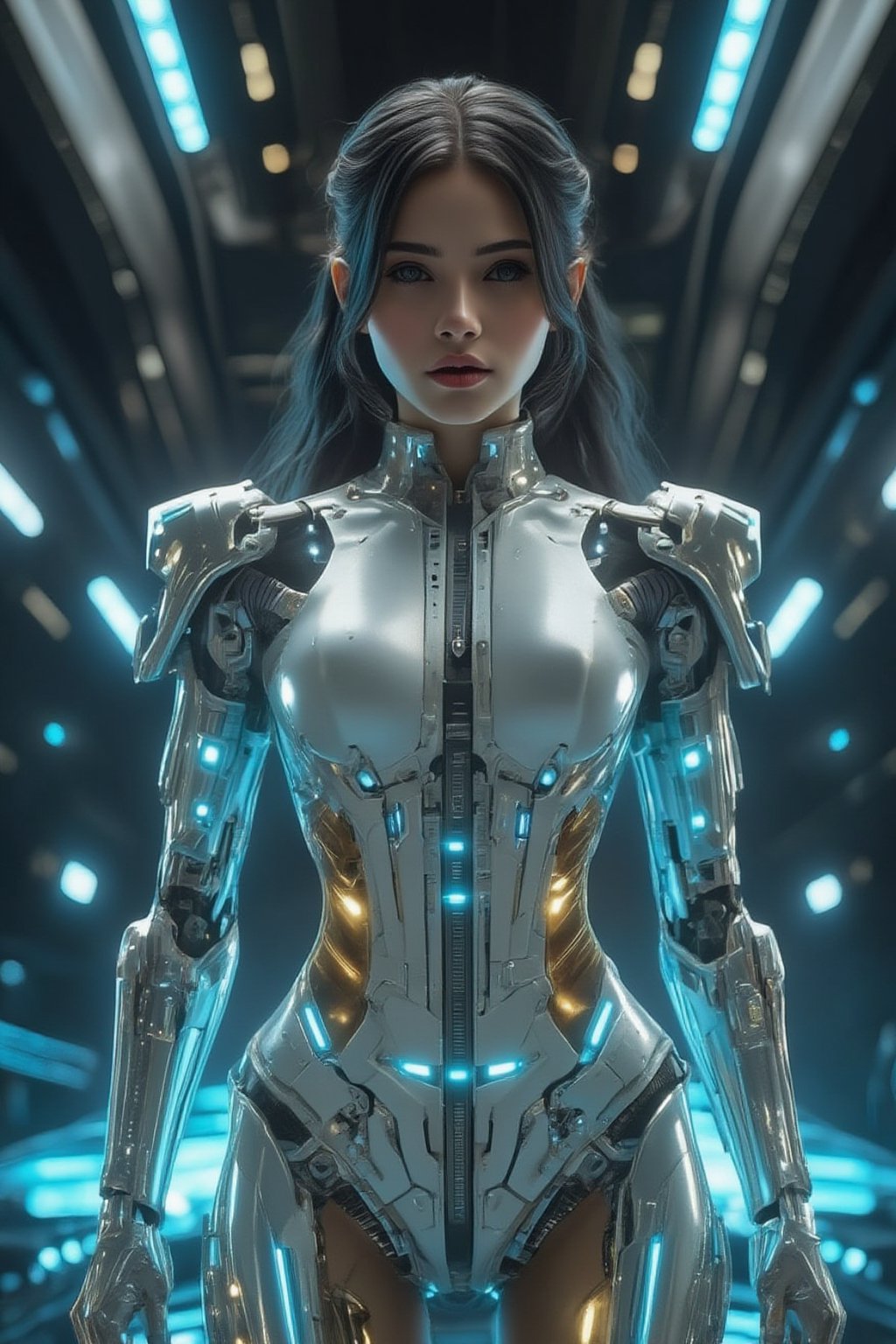 Super real style, 20-year-old Asian model beauty with beautiful long black hair and sharp black eyes, wearing a fashionable white futuristic mecha suit with glowing blue lines on it. She stood in a high-tech laboratory filled with neon lights, holographic screens and advanced robotic arms. Her expression was focused and determined.
She is playing football on the green field, she is a football model, she is playing football with a playful expression, 8K