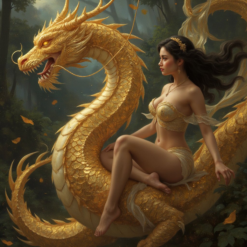 ultra maximalist digital storybook inspired illustration, realistic anime visuals, maximalist, intricate masterpiece, (("a beautiful, busty asian female model with a golden hairpin sits on the back of a golden oriental dragon, she feels like a beautiful female fairy, the dragon's scales glow with golden light, the dragon's claws are clearly visible, blending into the stardust"!! :1.6)), woman with long wavy black hair, woman in hanfu, dreamy, glitter storm kinky, swirling abstract design, dark fantasy style art, fantasy moonlit forest, long white hair, ocean, forest and moon, dream, highly detailed, soul, realm, starry ethereal night, wonbin lee, fable inspired, surrealism_graphics_poster_composition, imaginative painting, dripping with atmosphere and decorative gems, concept art, character design, award winning creature design dragon, popular on artstation, deviantart, very very detailed, DragonConfetti2024_XL, niji style color