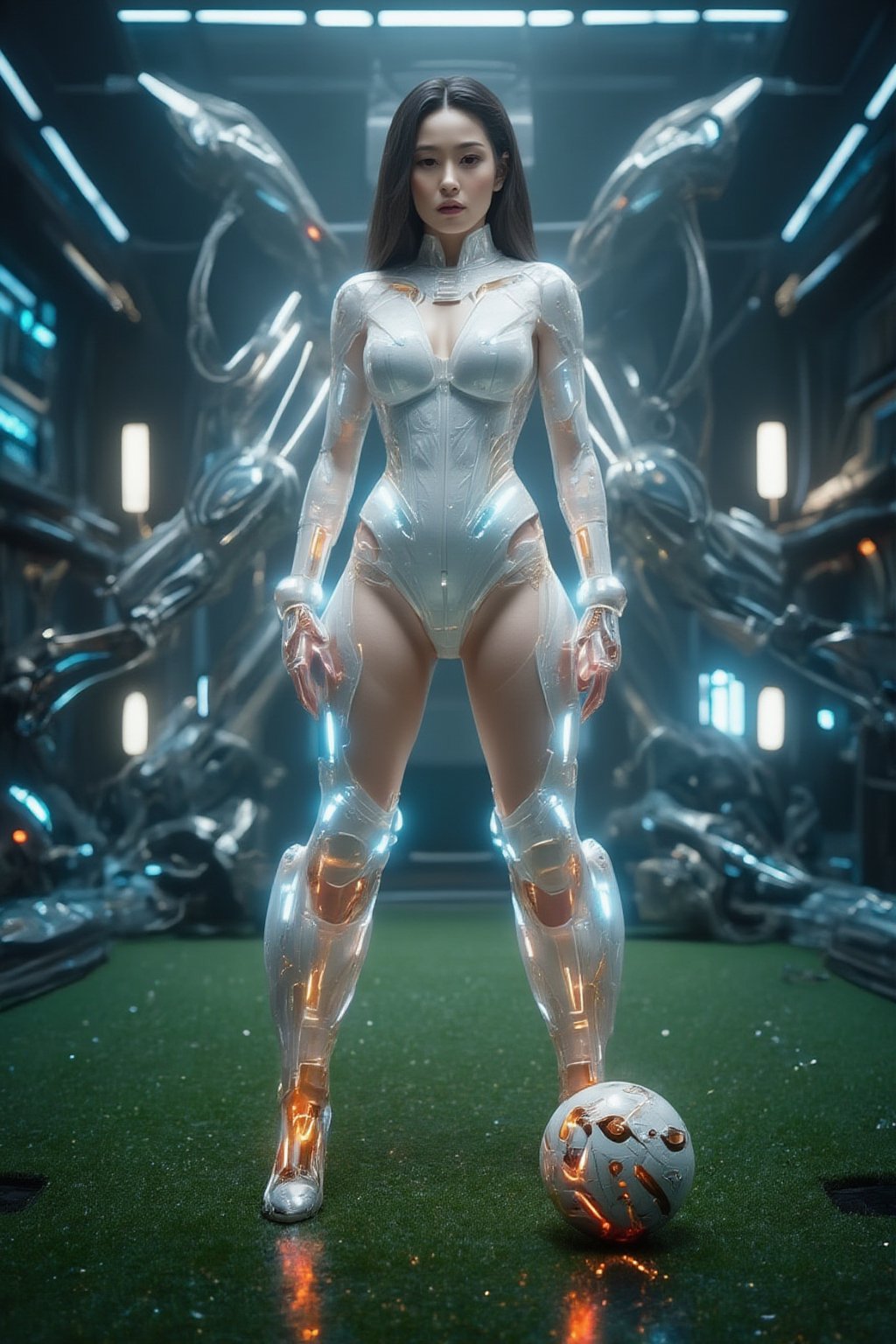 Super real style, 20-year-old Asian model beauty with beautiful long black hair and sharp black eyes, wearing a fashionable white futuristic mecha suit with glowing blue lines on it. She stood in a high-tech laboratory filled with neon lights, holographic screens and advanced robotic arms. Her expression was focused and determined.
She is playing football on the green field, she is a football model, she is playing football with a playful expression, 8K