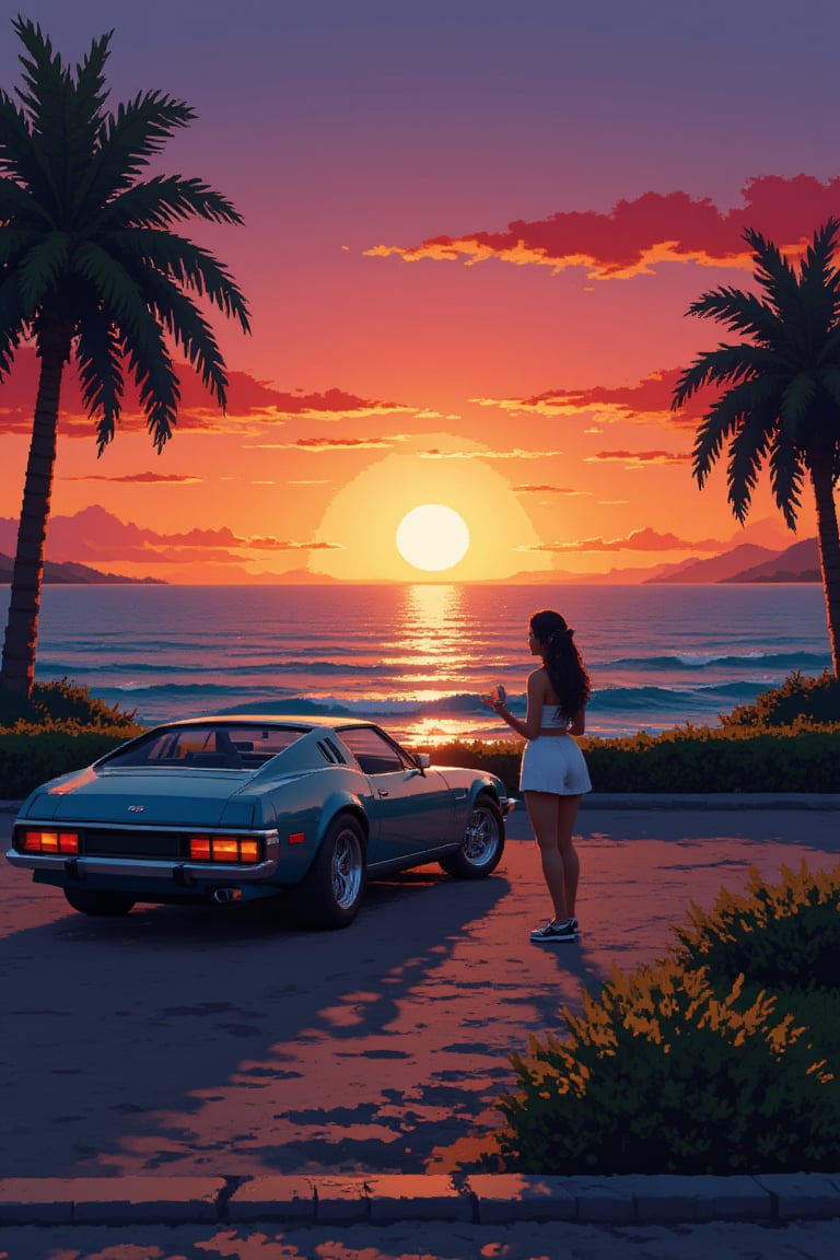 pixel art, near the ocean at sunset a 70s car and a woman showing the car, classic game screenshot