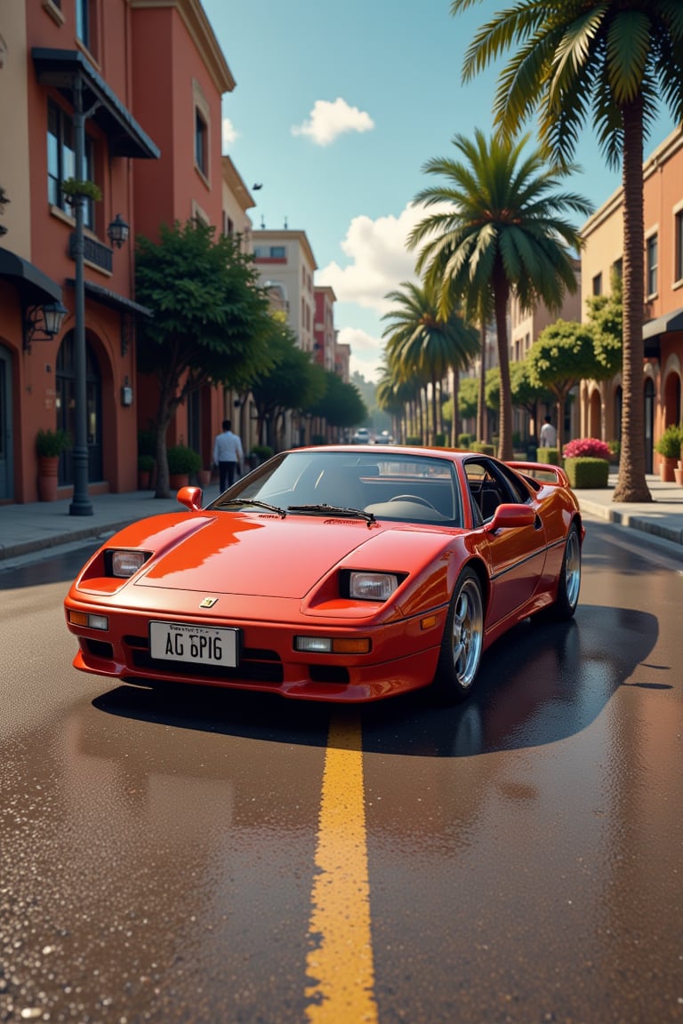  an impressive 90s sports car on a sunny street with palms