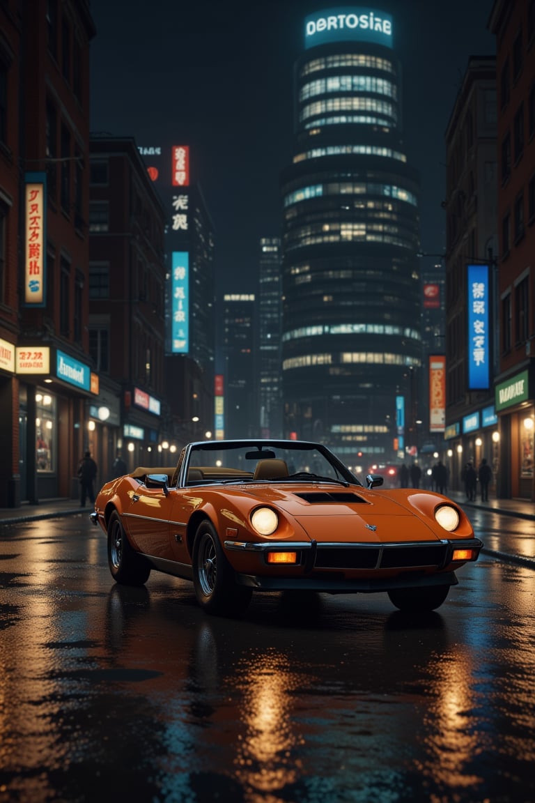 an impressive 70s convertible sports car, by night, intricate details, realistic, realism, ultra sharp, cinematic film still
