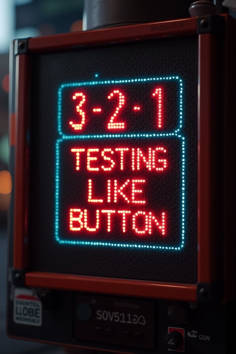 a sign that reads "3 2 1 TESTING LIKE BUTTON" on an electronic screen, retro screen