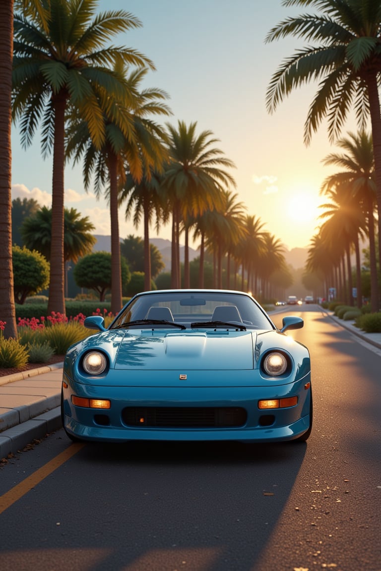  an impressive 90s sports car on a sunny street with palms