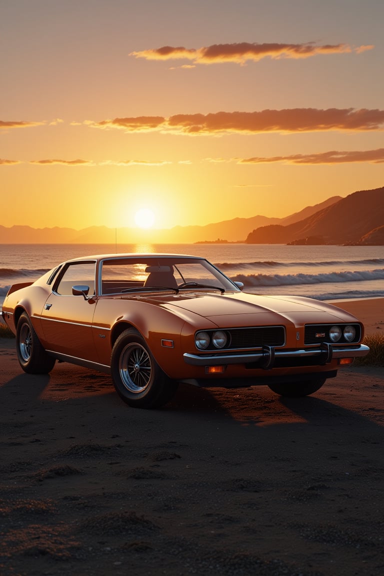  an impressive 70s classic sports 70s car near an ocean at sunset