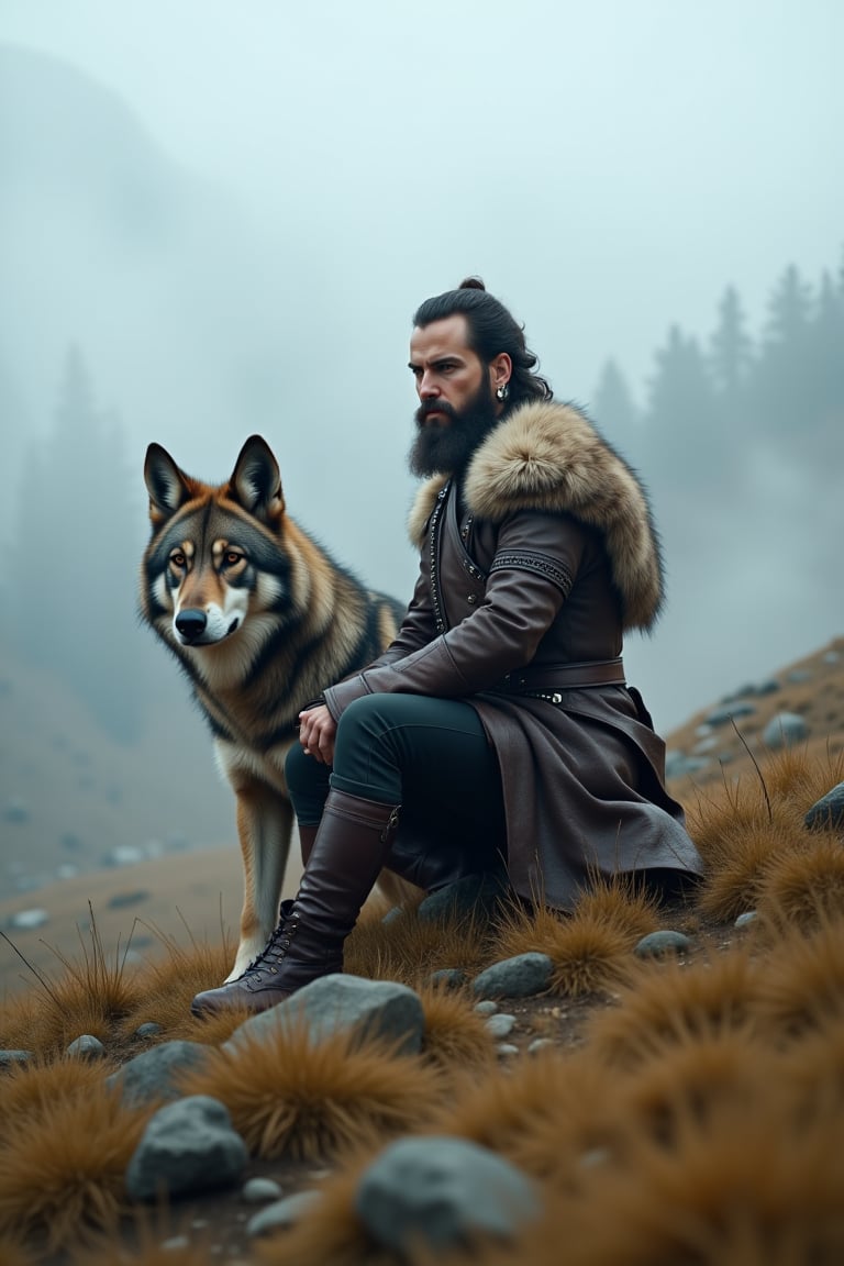 cinematic, thick fog, a man with a beard in leather and hide armour, earrings, hide boots, sitting  with a  large direwolf, in the foothills of a mountain pass