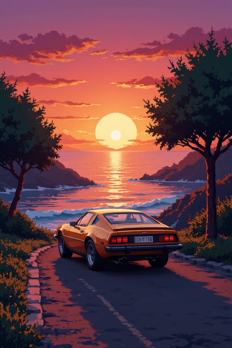 pixel art, near the ocean at sunset a 70s car, classic game screenshot