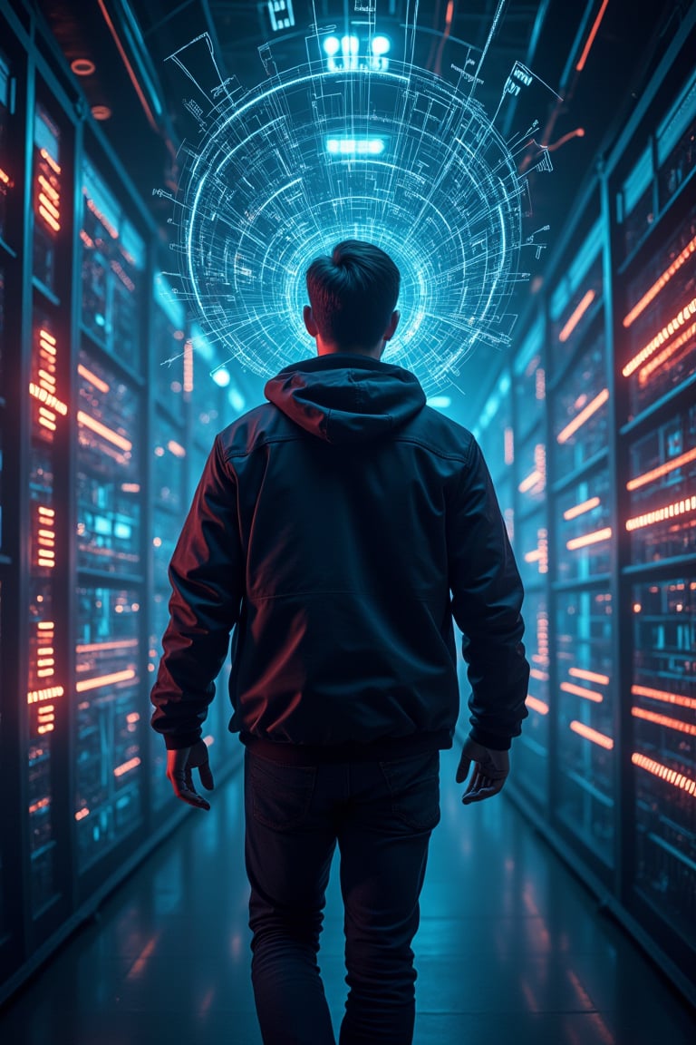 Hollywood blockbuster movie poster “BUZZ QUEST” with a futuristic background resembling a vast, glowing network or web, symbolizing the internet and a forwground hacker with the look of Tom Cruise