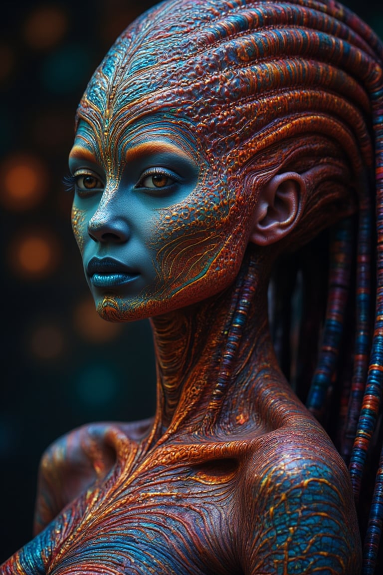 real photo, portrait, A beautifully complex alien woman looking at viewer, her skin adorned with intricate patterns in a vivid array of colors that seem to shimmer and glow with a mysterious vibrancy. The details of her appearance hint at a rich, intriguing backstory, with each delicate feature telling a tale of otherworldly elegance. This stunning portrait, a photograph, captures the essence of her enigmatic presence with precision and artistry. The image is a masterpiece of artistry, inviting viewers to delve into the depths of her captivating allure and wonder at the wonders of the alien world she represents.


