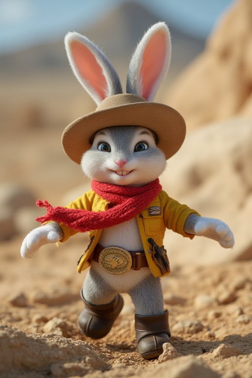 ((perfect anatomy:1.2,realistic,:1.3,RAW Photography:1.3,masterpiece、highest quality、Ultra - High resolution、High resolution、Highly detailed CG、8K)),Let's imagine a cute creature inspired by Bugs Bunny and Red Kit. This creature combines Bugs Bunny's rabbit traits and Red Kit's cowboy flair:

- **Body structure**: A small, rabbit-like creature, but it can stand and walk cowboy style. They have long, flexible ears.
- **Face**: Bugs Bunny's facial features include big, cute eyes, two huge front teeth and a constantly mischievous smile.
- **Outfit**: He's wearing a miniature cowboy outfit. He's dressed in full Red Kit style, with a small hat, red scarf, and cowboy boots.
- **Colors**: Its feathers are gray and white, classic Bugs Bunny colors. But his scarf and cowboy accessories are red and yellow, reminiscent of Red Kit's colorful outfits.
- **Character**: He is both smart and funny, making jokes while running from adventure to adventure. He's also fast and agile, combining Bugs Bunny's escape skills with Red Kit's cowboy speed.

This creature is cute as a crazy cowboy bunny character, but also brave!