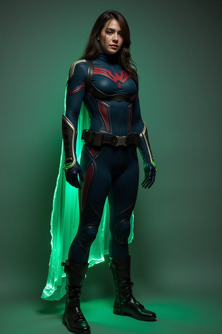 This character elegantly carries the strength and muscularity of the Hulk. He has a strong and athletic build, but he is not overly muscular; He looks more fit and strong. It has an elegant and feminine stance. She is slightly taller than an average woman, and has a tall and imposing stance like Captain America. His skin color starts with a normal human skin tone, but when he uses his powers his skin takes on a slightly greenish glow, reflecting the effects of the Hulk's power. facial features are sharp and distinct, but balanced by a soft expression. Their eyes are large and bright, expressing a strong will and curiosity. She has long, wavy and dark brown hair. She usually ties it up in a ponytail or braid for practicality during battle. Her hair has slightly glowing green highlights at the ends. Costume, Ms. It combines Marvel's sleek and modern style with Captain America's classic and functional costume. The main color of the costume is dark blue, decorated with red and gold details. Ant-Man's miniature symbol and Captain America's star emblem are combined on the chest, symbolizing both the character's diminutive and leadership abilities. She has a short cloak, this cloak belongs to Ms. It shines with a green light that reflects the Hulk's energy while reflecting Marvel's sleek style. His gloves and boots have green details symbolizing the Hulk's strength, but are stylish and practical like those worn by Captain America. time traveler, arriving in a bioluminescent past era. glow photography. Natural geographic photo. Hyper-realistic, 16k resolution, intricate details. (masterpiece, award winning artwork) many details, extreme detailed, full of details, Wide range of colors, high Dynamic sss, translucent, subsurface, scattering (prompt by @AIDigitalMediaAgency:0.01) ice,