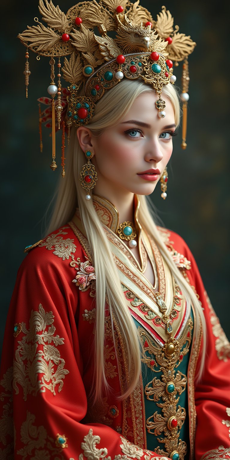 A stunning (Ukrainian woman), wearing an opulent ancient Chinese empress costume,Her Slavic features, -blue eyes and fair skin, contrast beautifully with the ornate Chinese attire, Elaborate headdress adorned with gold filigree, jade beads, and hanging pearls, Intricate phoenix crown with delicate golden leaves and gemstones,Layered silk robes in rich red and gold, embroidered with dragons and auspicious symbols, Wide, flowing sleeves with detailed embroidery, Ornate collar piece studded with precious stones,Long blonde hair partially visible beneath the headdress,Beautiful woman,Photorealistic,Fantasy detailers 