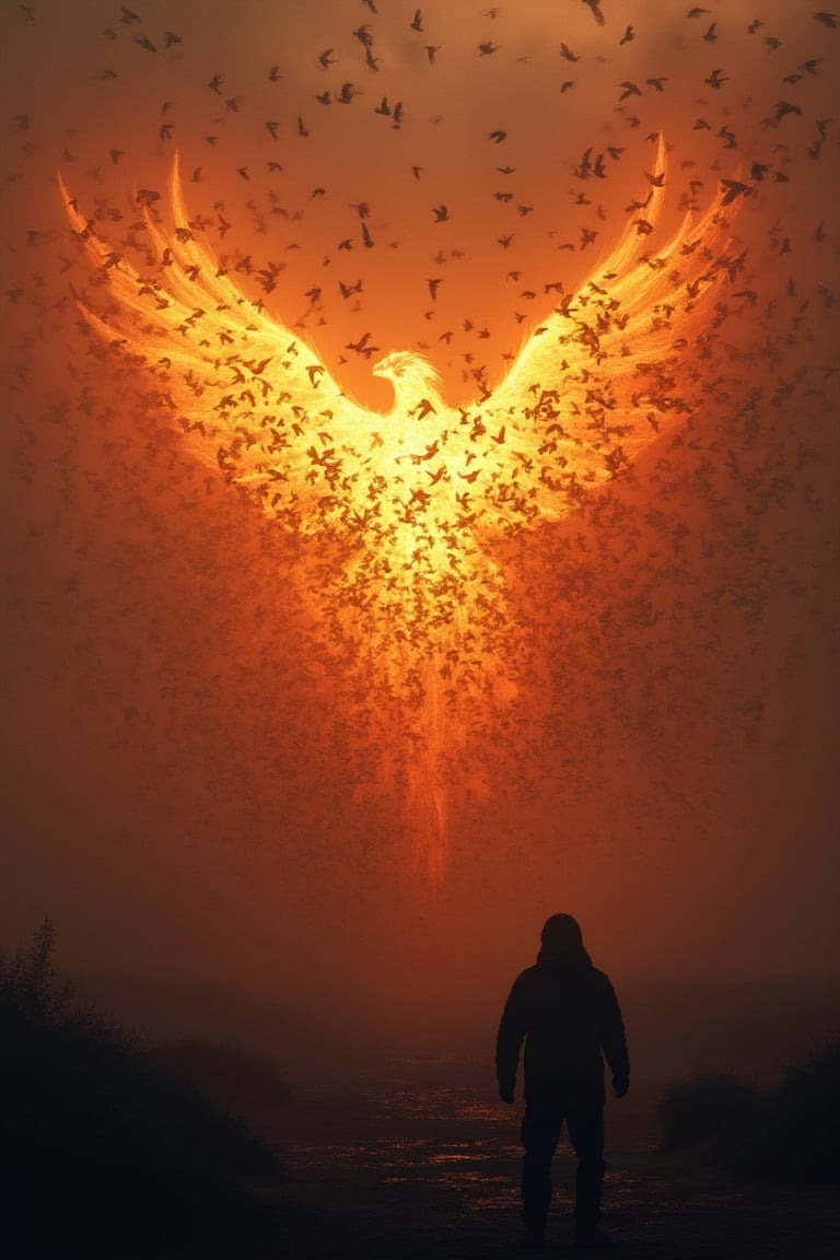 A majestic shot captures the awe-inspiring moment as a flock of thousands of birds soar towards the mystical Phoenix, shrouded in an aura of fiery flames. The viewer's gaze is drawn to the silhouette of the Phoenix's shape, partially obscured by the radiant inferno, its true form hidden from view. Against a backdrop of darkened skies, the intense warmth and light of the flames illuminate the surrounding landscape, as the birds' wings beat fiercely in unison, their formation a mesmerizing blur of feathers and motion.