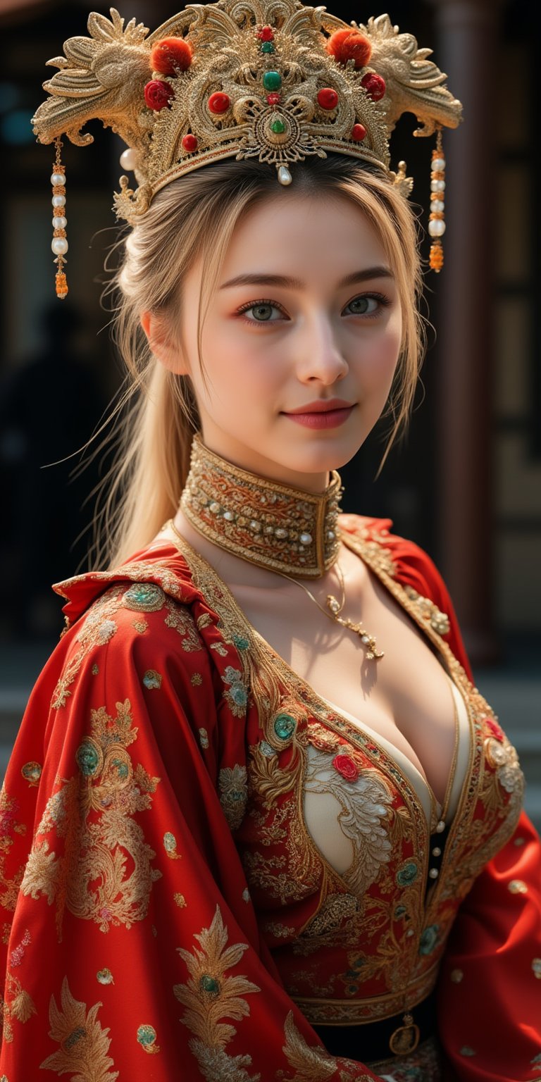 A stunning (Ukrainian woman), wearing an opulent ancient Chinese empress costume,Her Slavic features, -blue eyes and fair skin, contrast beautifully with the ornate Chinese attire, Elaborate headdress adorned with gold filigree, jade beads, and hanging pearls, Intricate phoenix crown with delicate golden leaves and gemstones,Layered silk robes in rich red and gold, embroidered with dragons and auspicious symbols, Wide, flowing sleeves with detailed embroidery, Ornate collar piece studded with precious stones,Long blonde hair partially visible beneath the headdress,Beautiful woman,Photorealistic,Fantasy detailers 