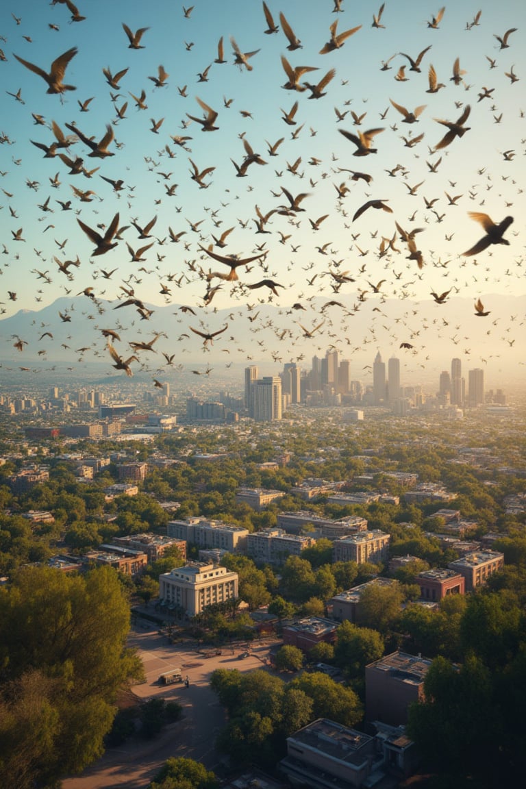 Vast flock of birds in varied plumage descends upon the majestic cityscape of Phoenix, Arizona. Sun-kissed buildings and lush greenery provide a vibrant backdrop as the birds, some with outstretched wings, others in mid-air formation, converge on the metropolis. Golden light casts long shadows amidst the urban landscape.