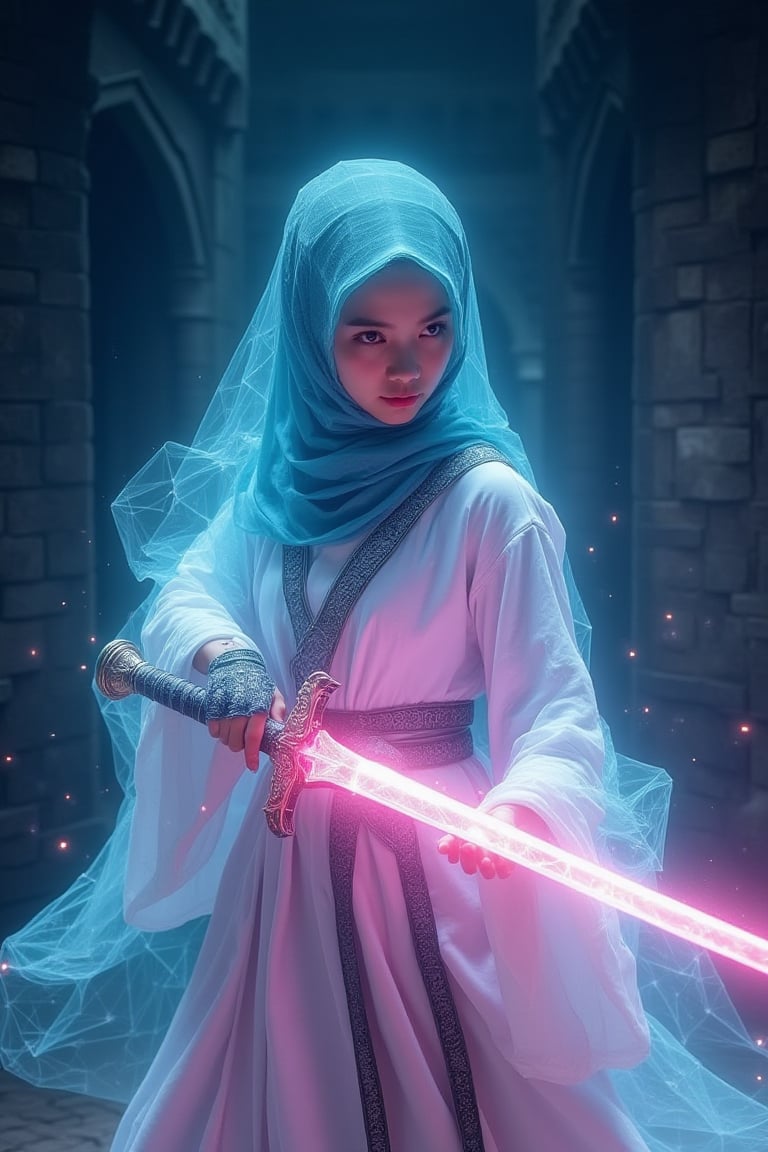 dynamic pose with swords,  fighting pose,  beuaty Russia girl wear cyan hijab, with white kimono dress, hold a hologram aura Knight swords,bthe foggy effe t on swords, glowing, geometric aura effect, pink aura color, 35 percent 
transparent, ultra realistic , ultra details, in dark castles, dimly light, cinematic moment, hanholo33