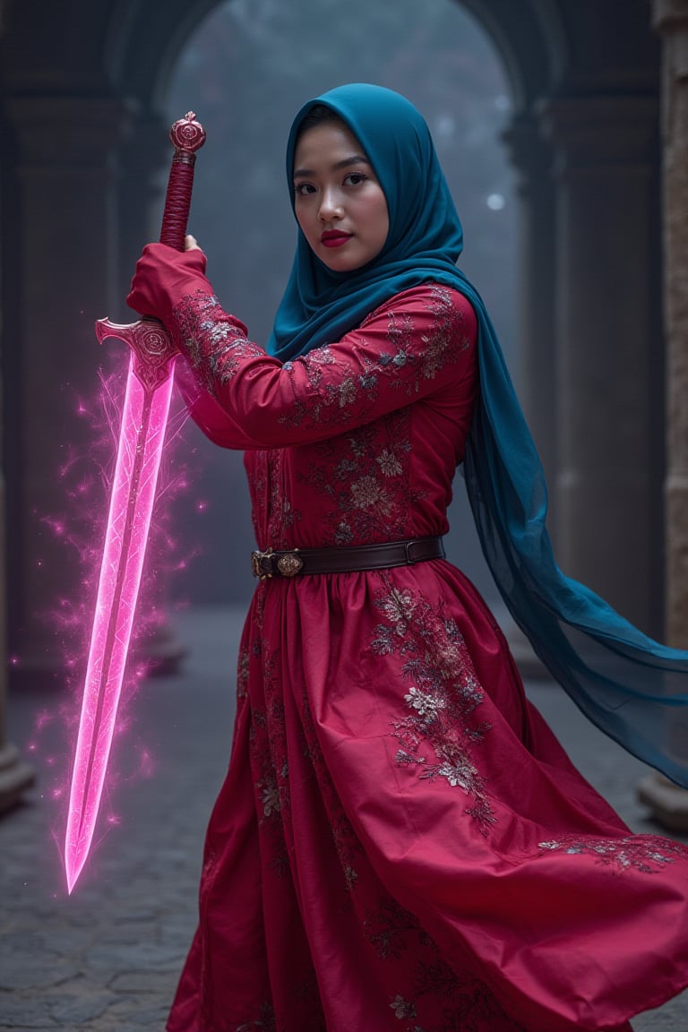 dynamic pose with swords,  fighting pose,  beuaty Russia girl wear cyan hijab, with malay traditional red colors baju kurung, floral design, , hold a hologram aura big Knight swords, the foggy effect on swords, glowing, geometric aura effect, pink aura color, 35 percent transparent, ultra realistic , ultra details, in dark castles, dimly light, cinematic moment, fully hologram auraswords, hanholo33, kurungmodern