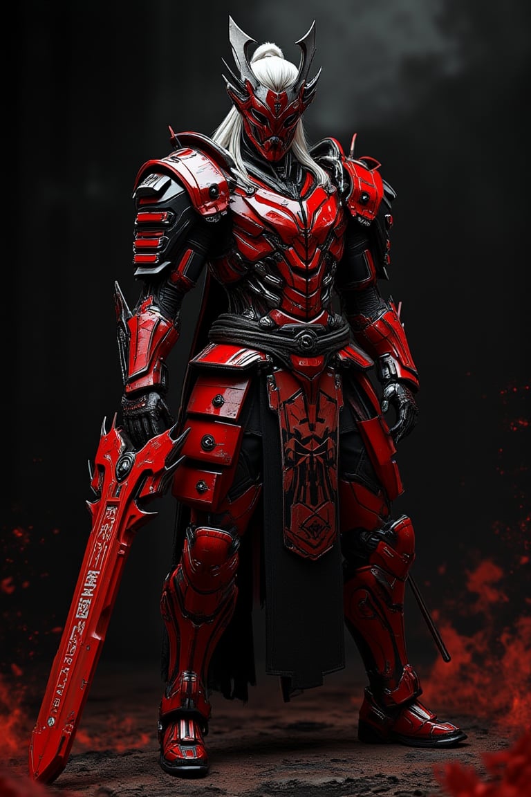 cinematic feeling mood : A full-body shot of the god manga character in an epic pose, holding a massive weapon with Chinese red color details and symbols on it, against a black smoke background, with white hair wearing samurai armor with Japanese-style inscriptions and patterns, wear cyborg helmet, big shoulder, red color, ultra realistic , in a cyberpunk art design, with detailed futuristic tech elements, in a dark fantasy art style, in high resolution, in a hyper-realistic anime art style, with bold lines and contrasting colors, in high-contrast lighting, in full HD quality,mecha