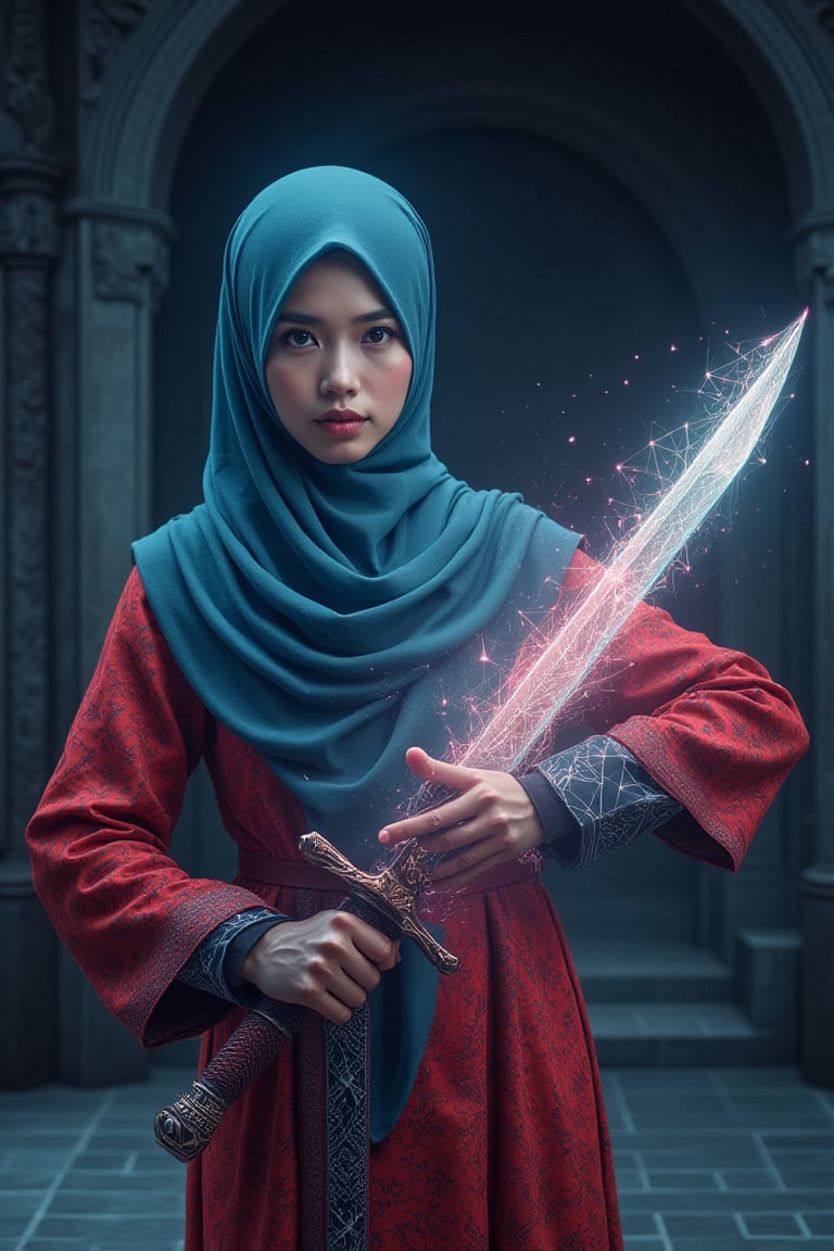 dynamic pose with swords,  fighting pose,  beuaty Russia girl wear cyan hijab, with malay traditional red colors baju kurung, floral design, , hold a hologram aura big Knight swords, the foggy effect on swords, glowing, geometric aura effect, pink aura color, 35 percent transparent, ultra realistic , ultra details, in dark castles, dimly light, cinematic moment, fully hologram auraswords, hanholo33, kurungmodern