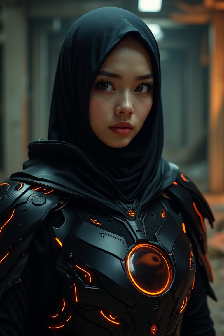 a beauty  mecha cyborg Malay girl wear black hijab, nice mmake up, thick lips, brown eyes lens, weald an unique moon dagger, orange neon at dagger, at dark dimly broken building, wear black suit armor, big shoulder size, hi tech villian design, orange neon at centre body, th bye dagger got big circle around it, high details, ultra