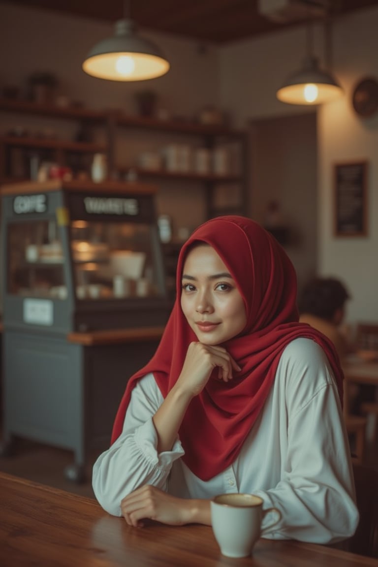 a beauty malay girl wearing red hijab, brown eye lens, wear white  shirt long sleeve,  having a latte in coffe shop, serene mood, the low light, dramatic light, the shop is clean white,cinematicxhan