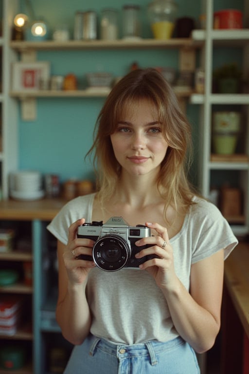 a girl with old vintage camera, hold in cafe shop, cyan color shop wall, analoguehanx83