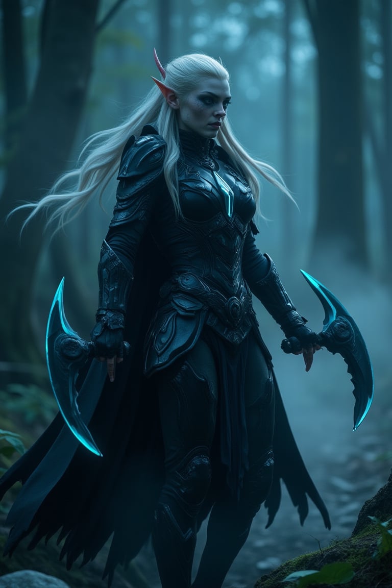 wide clos up shot, A striking elf woman with flowing white hair and white eyes lens, moonlit forest. Clad in sleek, black assassin armor, she wields curvy twin 
with deadly grace. The mood is intense, with sharp contrast highlighting the shadows Fog swirls around her feet, adding a sense of mystery. The cool tones of cyan and deep blacks dominate the color palette, enhancing the dramatic and stealthy atmosphere. ultra realistic, ultra details, human skin textures, war twin blades,mecha,cyborg,hanxhelm,cyborg 