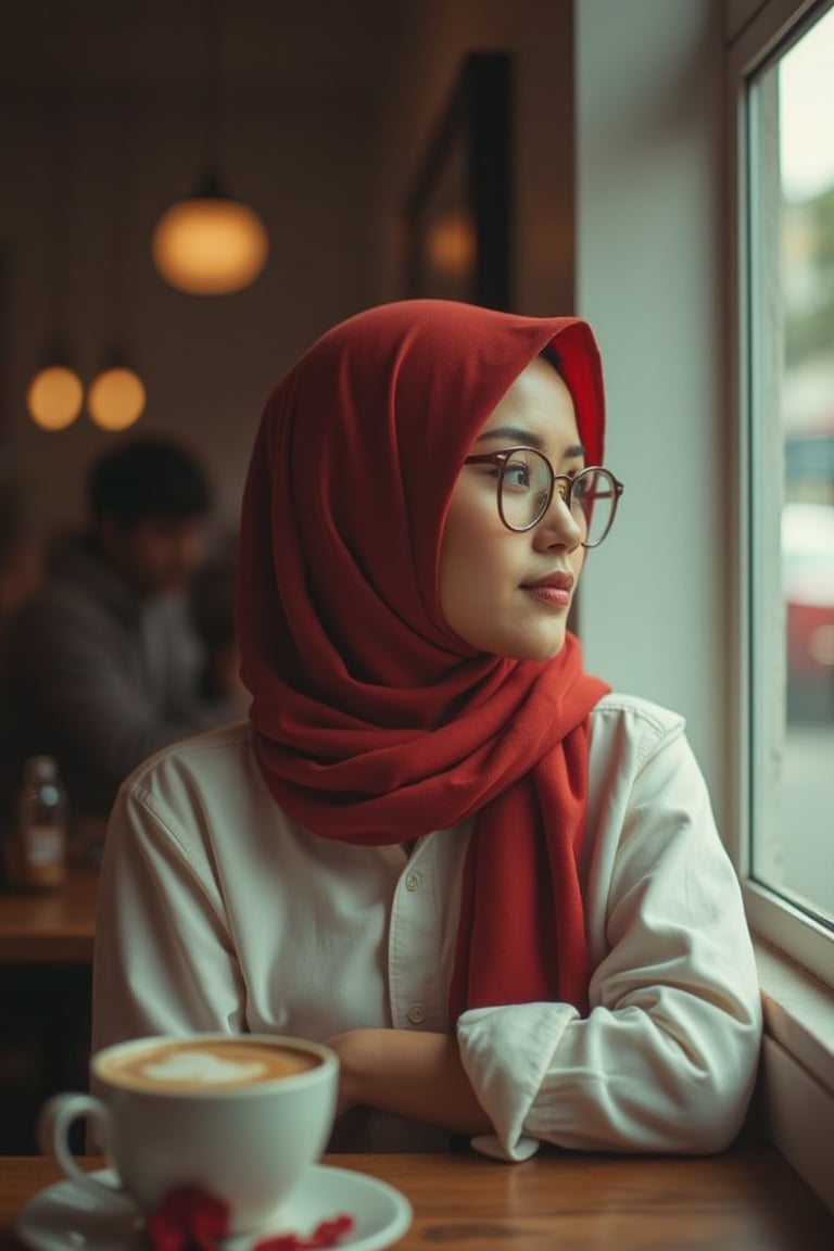 spontaneous shot : a beauty malay girl wearing red hijab, brown eye lens, wear big modern spectacles glasses, wear white  shirt long sleeve,  having a latte in coffe shop, look at outisde window, serene mood, the low light, dramatic light, the shop is clean white,cinematicxhan