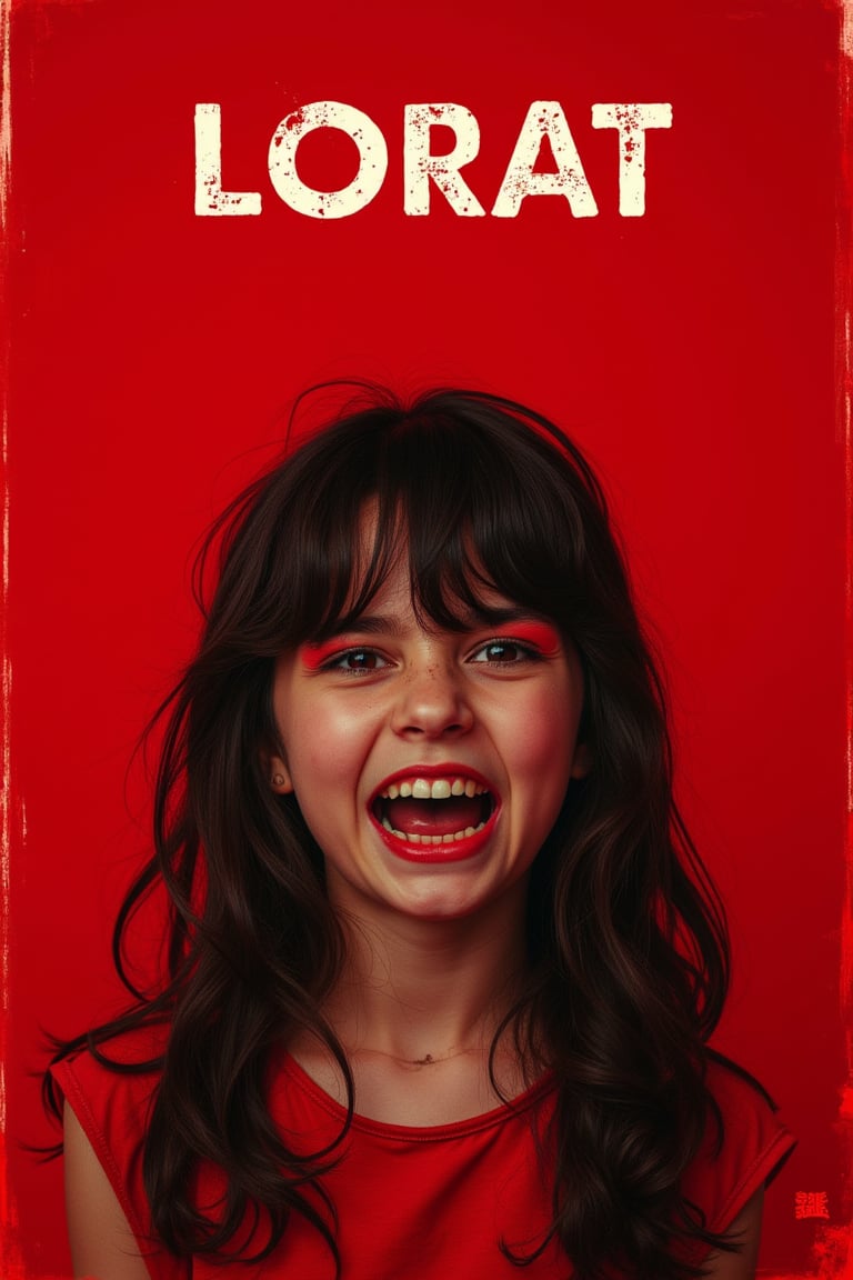 poster movie : a girl with annoying face, red background, top title "LORAT", grunge bold font, white color,cinematicxhan