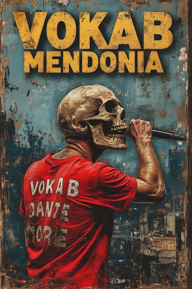 oil painting style, a punkers skull hold a microphone, close up, broken city as  back ground, the text on his back layered style " VOKAB MENDONIA", bold and strong font, gold rusty colors,Magazine Photo Cover, grungeartxhan83