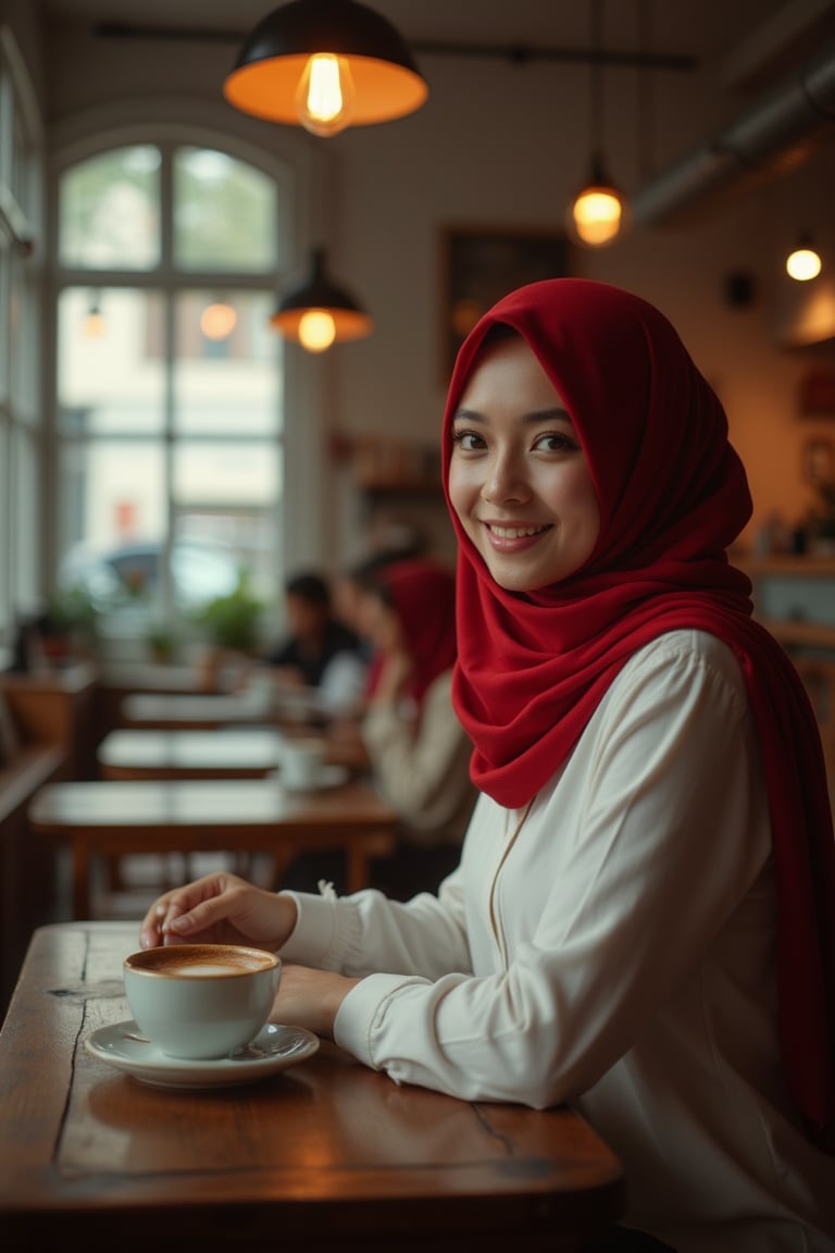 a beauty malay girl wearing red hijab, brown eye lens, wear white  shirt long sleeve,  having a latte in coffe shop, serene mood, the low light, dramatic light, the shop is clean white,cinematicxhan