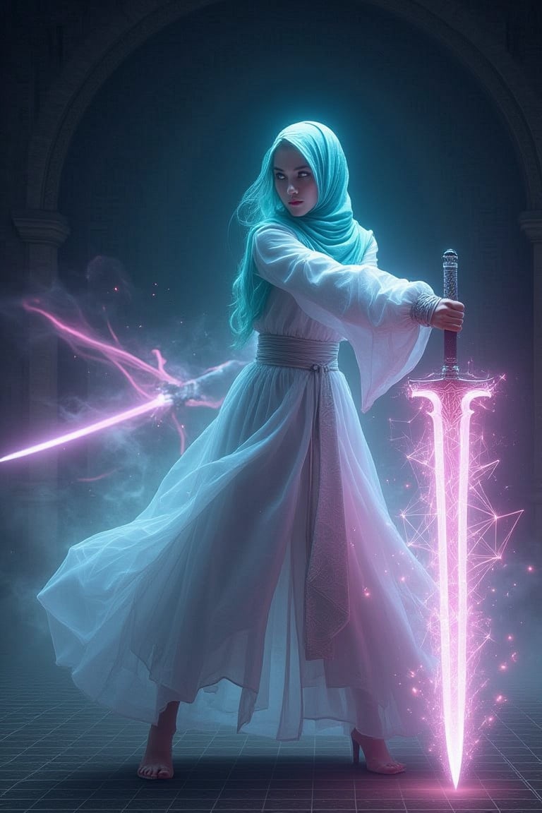 dynamic pose with swords,  fighting pose,  beuaty Russia girl wear cyan hijab, with white kimono dress, hold a hologram aura Knight swords,bthe foggy effe t on swords, glowing, geometric aura effect, pink aura color, 35 percent 
transparent, ultra realistic , ultra details, in dark castles, dimly light, cinematic moment, hanholo33