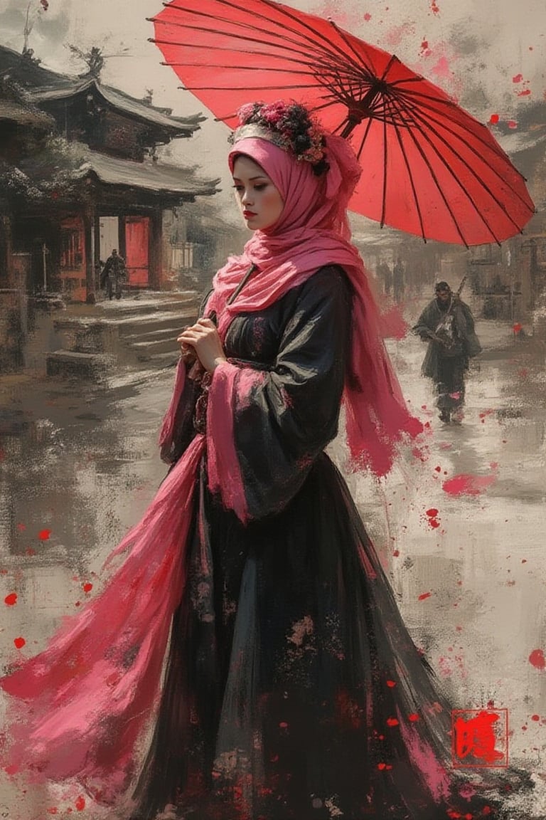 grungeartxhan83, a beauty girl geisha wear pink hijab and black dress,  temple background, hold an umbrella, oil painting style