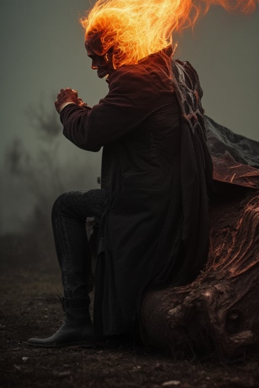 cinematic scene : a man with flaming skull head, wear black long jacket, sit manly with hand want to fight pose,  at some abandoned junk car, ready pose fight,  bold and 3D embossed font, at his back,  low key style, analogue colors concept, skull