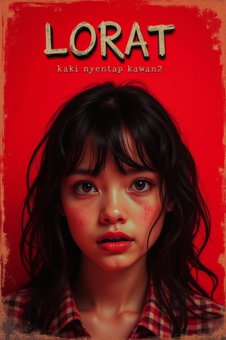 poster movie : a beauty girl with annoying face, red background, top title "LORAT", grunge bold font, small text " kaki nyentap kawan2 " white color,cinematicxhan