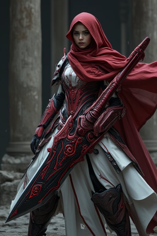 cinematic scene : a beauty girl with red hijab, wear white and black mecha armor dress, like an emperor armor, big shoulder, the hijab blowing with wind effect,  dynamic fighting pose , weald a big cyber unique sword, The sword features a dark metallic blade with sharp edges and red mechanical accents. Its ornate red hilt is decorated with intricate swirling patterns and geometric designs, giving it a mystical appearance., A large pointed extension on the hilt adds to its aggressive look, while the ridged handle ensures a firm grip, curvy on holder part, ultra details ulyra realistic, in the broken dark building, low key,HANSWORD23, hanemperor23