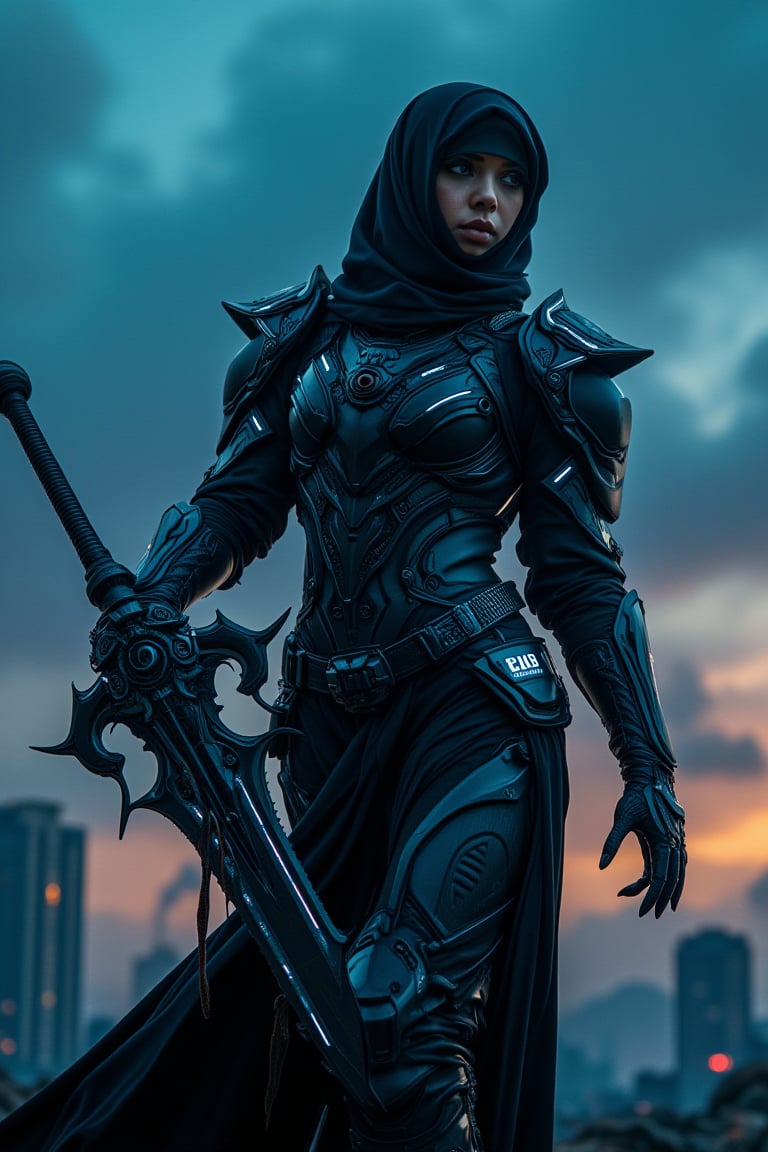 Cyberpunk warrior princess: A hijab-clad girl in futuristic black armor with glowing white neon accents and oversized pauldrons. She wields a massive demonic sword, dripping with sentient black ooze and a central eye. Amidst a dystopian cityscape, low-angle shot captures her silhouette against a neon-lit, smoky sky. Cinematic lighting emphasizes contrasting shadows and highlights, creating a moody atmosphere with a blue-orange color palette.