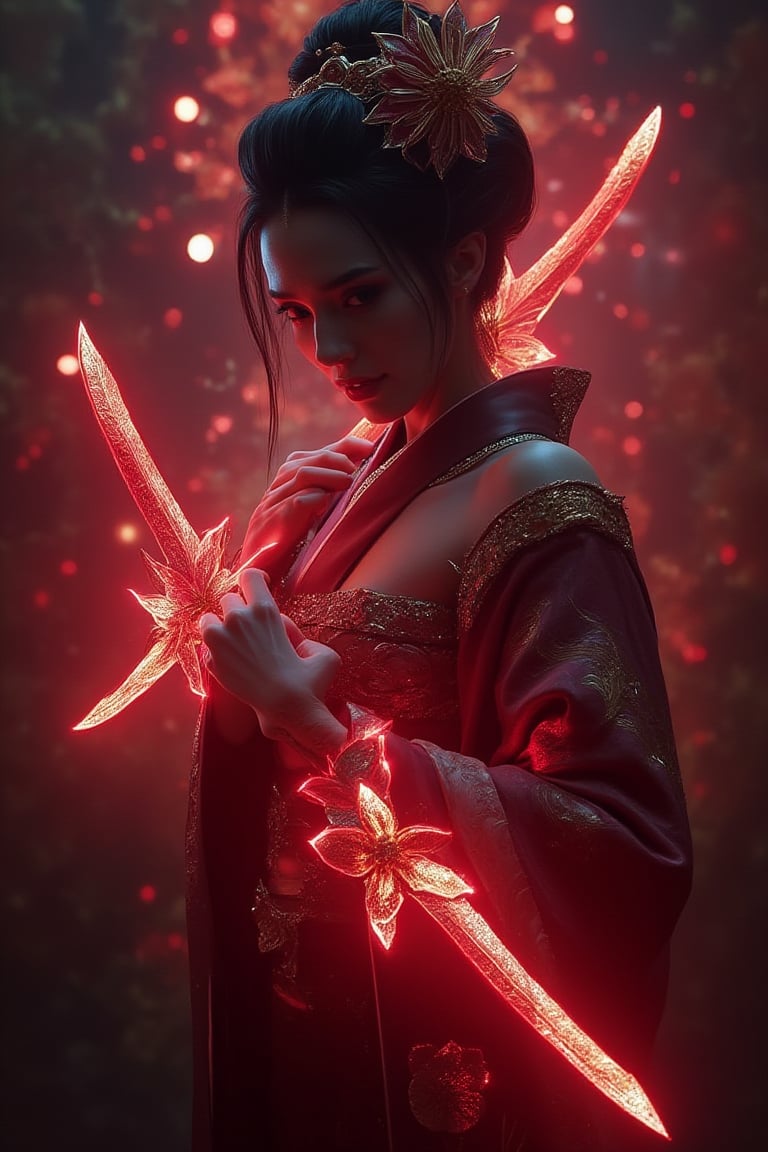 cinematic mood : a geisha Weald a twin blades, the baldes got grip at center, flower aura at the blades, hologram style red color aura, , posing with style, at top of hil,