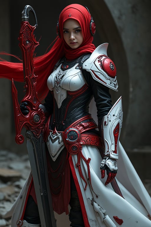 cinematic scene : a beauty girl with red hijab, wear white and black mecha armor dress, like an emperor armor, big shoulder, the hijab blowing with wind effect,  dynamic fighting pose , weald a big cyber unique sword, The sword features a dark metallic blade with sharp edges and red mechanical accents. Its ornate red hilt is decorated with intricate swirling patterns and geometric designs, giving it a mystical appearance., A large pointed extension on the hilt adds to its aggressive look, while the ridged handle ensures a firm grip, curvy on holder part, ultra details ulyra realistic, in the broken dark building, low key,HANSWORD23, hanemperor23