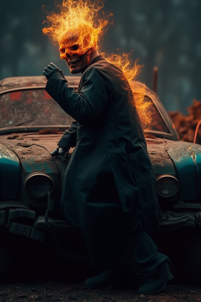 cinematic scene : a man with flaming skull head, wear black long jacket, sit manly with hand want to fight pose,  at some abandoned junk car, ready pose fight,  bold and 3D embossed font, at his back,  low key style, analogue colors concept, skull